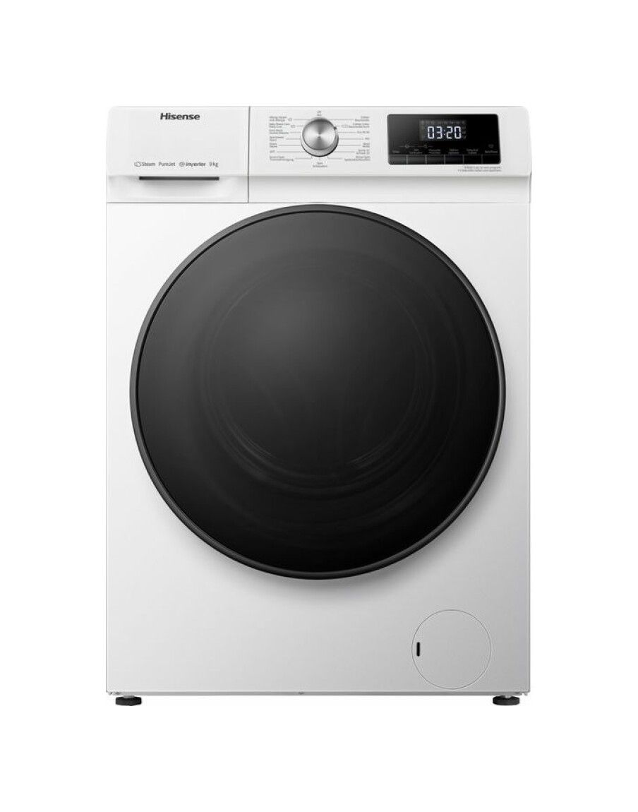 Hisense WFQA9014EVJMW  Lavatrice libera installazione  9 kg  sistema PureJet  1400 giri  15 programmi  display led  pannello di controllo bloccabile  programma Hisense Quick  bianco  oblò nero  classe A